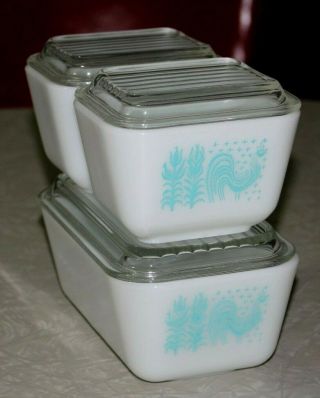 3 Pc Vintage Pyrex Amish Butterprint Turquoise Refrigerator Dish Set 501,  502