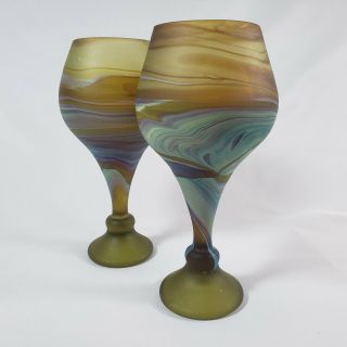 Vintage Hebron Art Glass Goblets Hand Blown Phoenician Wine Glasses Pair