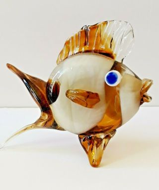 Large 9 " Hand Blown Art Glass Fish Figure Sculpture Clear Brown & Opaque White