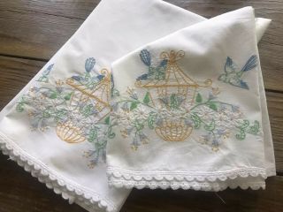 2 Vintage White Cotton Pillowcases Hand Embroidered Bluebirds Flowers Lace 21x29