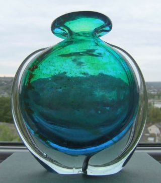 Stunning Round Green / Blue Vintage Mdina Glass Vase