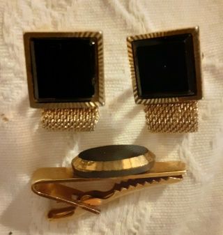 Vintage Gold Plated Onyx Chainmail Cufflinks & Tie Pin