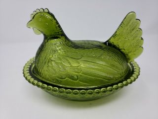 Mid - Century Vintage Indiana Glass Green Carnival Hen On Nest Candy Dish Easter