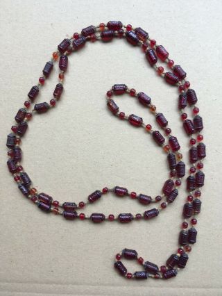 Vintage Art Deco Czech Hand Knotted Pressed Red Glass Bead Necklace 1.  5m,  Long