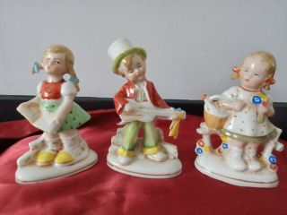 Vintage Children Figurines X 3 Hand Painted Vgc Continental.  Germany ? Vgc