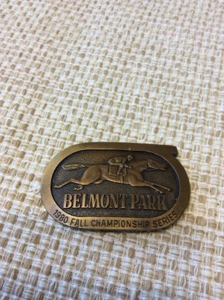 Vintage Belmont Park Horse Race Track 1980 Championship Racing Belt Buckle Brass