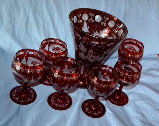 Vintage Ruby Flashed Cut To Clear Punch Bowl Set - 6 Matching Glasses