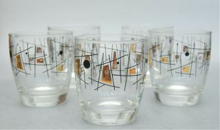 5 Vintage Mid Century Modern Atomic Low Ball Glasses Black Lines Gold Abstract