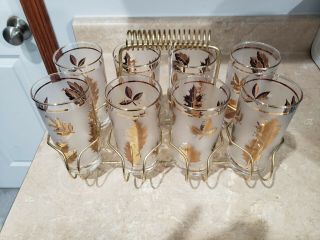 Vtg Libbey Gold Leaf Drinking Tumbler Glasses Bar Set Of 8 Metal Carry Caddy Mcm
