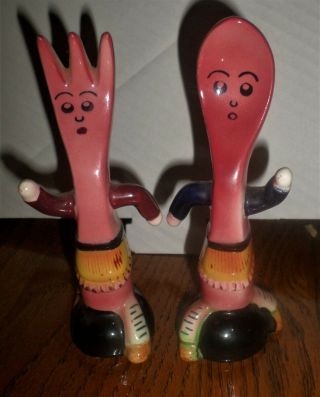 Vintage Anthropomorphic Salt And Pepper Shakers Fork Spoon Cork Stoppers Japan