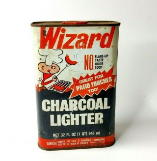 Vintage Wizard 32 Oz.  Charcoal Lighter Fluid Tin Can Empty Collector Display