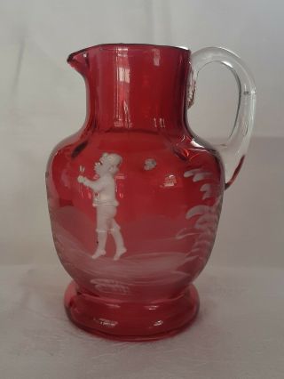 Victorian Mary Gregory Cranberry Glass Jug Boy And Flower