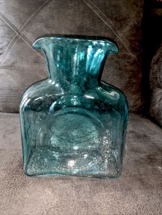 Vintage Blenko Glass Double Spouted Aqua Water Jug Pitcher Carafe Bottle