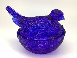 Cobalt Blue Bird On Nest Basket Candy Dish Trinket Box