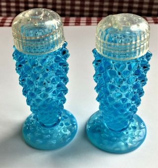 Fenton Art Glass Blue Opalescent Hobnail Pair Salt/pepper Shakers Lids