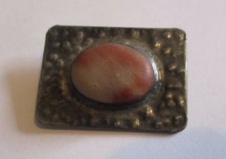 Vintage Arts & Crafts Hammered Pewter Cabochon Stone Rectangle Brooch Ruskin?