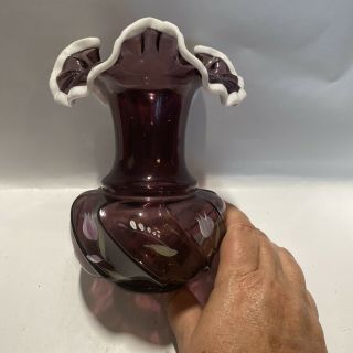 Fenton Art Glass Amethyst Purple White Crest Hand Painted Ruffled Edge Vase Sign