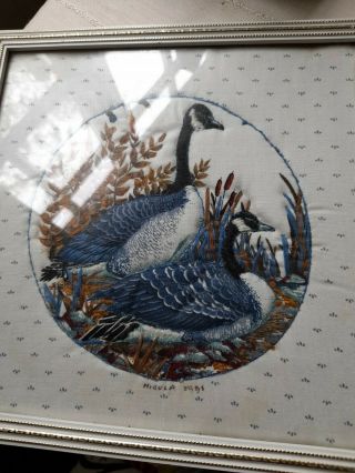 Vintage Hand Embroidered Picture In Frame Canada Geese