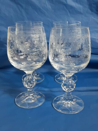 4 Vintage Wine Glasses Floral Etched Embossed Swag 6oz Diamond Cut Stem