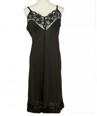 Vintage Jc Penney Mg Full Slip Black Lace Adjustable Nightgown Lingerie Usa 38