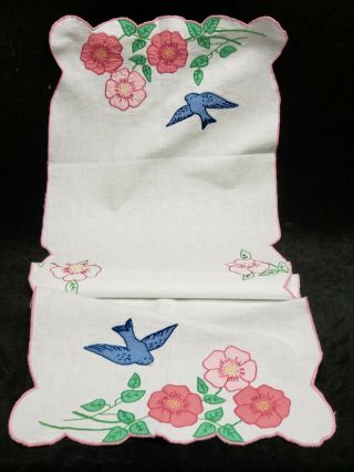Vintage Runner Dresser Scarf Embroidered Appliqued Bluebirds Floral 1940s Era