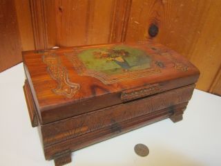 Antique Handmade Carved Wood Jewelry Trinket Box Cedar Chest Floral Art Deco 11 "