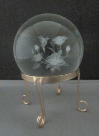 Vintage Laser Etched Hummingbird With Flowers Crystal Glass Sphere Globe -