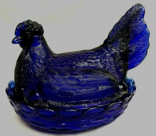 Cobalt Blue Glass Hen On Nest Covered Dish Wright Split Tail 7 "