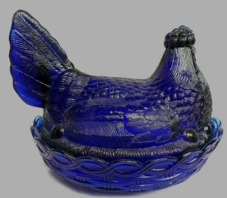Cobalt Blue Glass Hen on Nest Covered Dish Wright Split Tail 7 