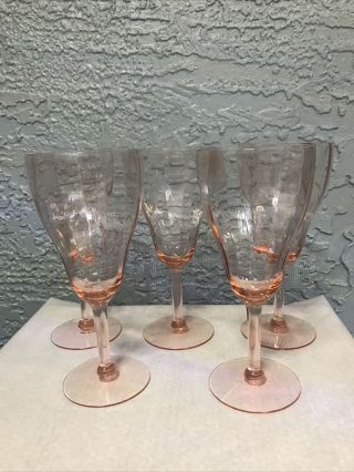 5 Vintage Pink Depression Glass Goblets Ribbed And Stemmed Panel Optic 6 7/8 "