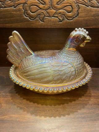 Vintage Iridescent Hen On Nest Carnival Glass Marigold - Hen Covered Candy Dish