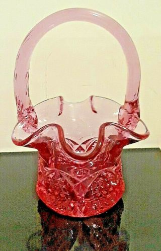 Fenton Glass Colonial Pink Ruffled Basket 7 " T X 5 " W Optic Pattern