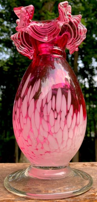 Vtg Fenton? Glass Hobnail Vase Cranberry Opalescent Ruffle 9 1/2” Tall