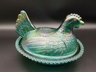 Vintage Indiana Glass Hen On Nest Irredecent Teal Blue/green Carnival Glass Dish