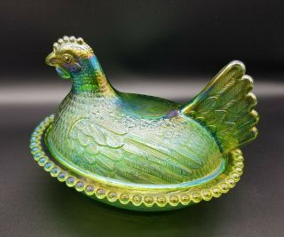 Vintage Rare Iridized Carnival Glass In Green By Indiana Hen/chicken On Nest Usa