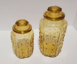 Set Of 2 Vtg Le Smith Atterbury Scrolls Amber Glass Canisters Apothecary Jars