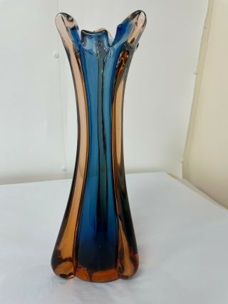 Stunning Murano Art Glass Tall Vase.  Blue And Orange.  12 "