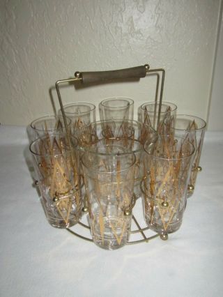 Vintage Mid Century Modern Atomic Ice Bucket Caddy 8 Glasses Gold Trim
