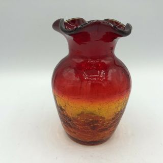 Vintage Amberina Crackle Art Glass 5” Vase Orange To Red