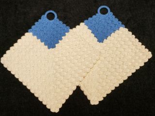 Vintage Potholder Hand Crocheted Matching Pair Blue & White 40s Novelty Estate