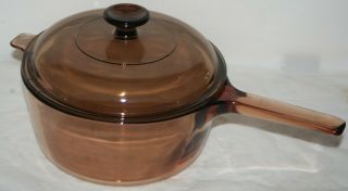 Vision Corning Ware 2.  5 L Large Sauce Pan Pot Dual Handle Lid Brown Amber France