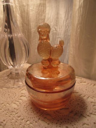Vintage Carnival Glass Powder Jar With Poodle On Top French Style Amber