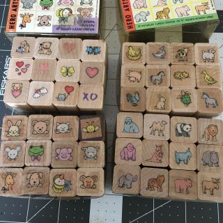 Vintage 90’s Hero Arts Kids Wood Mounted Rubber Stamps 48pcs Animals & Hearts
