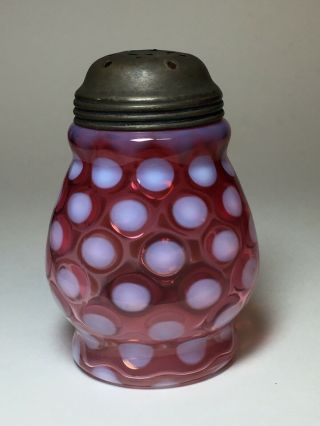 Vintage Coin Dot Cranberry and White Sugar Shaker Muffineer 4.  5” 3