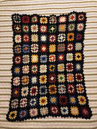 Crochet Doll Blanket Vintage Granny Squares Purple Green Yellow Blue Red Classic