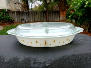 Yellow On White Pyrex Constellation 1½ Quart Oval Divided Casserole With Lid