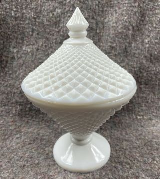 Vintage Westmoreland White Milk Glass Diamond Point Pattern Candy Dish With Lid