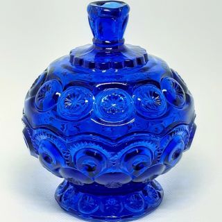 Stunning Vintage Le Smith Moon & Stars Blue Glass Footed Candy Dish W/lid