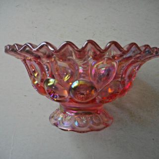 L.  E.  Smith Glass Moon & Stars Carnival Pink Iridescent Crimped Rim Footed Bowl