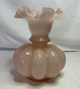 I.  Fenton 8 " Melon Vase Dusty Rose Pink Overlay Cased Glass Vintage